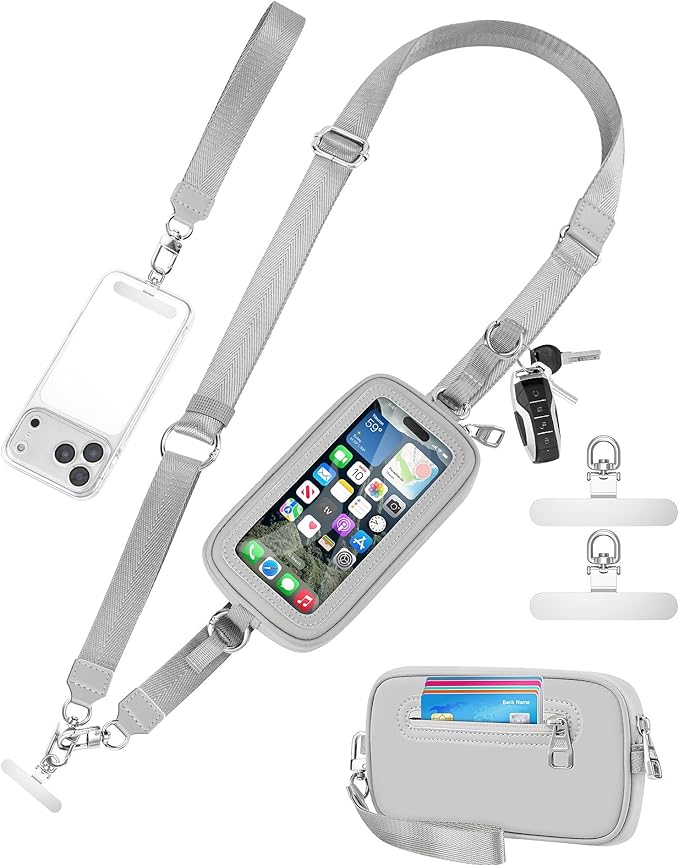 SHANSHUI Clip and Go Strap for Phone with Wallet Crossbody Lanyard, Detachable Wristlet Strap with Zipper ID Window Credit Card Pocket, 2 Pcs Tether Tabs Compatibe for iPhone & Most Smartphones Gray