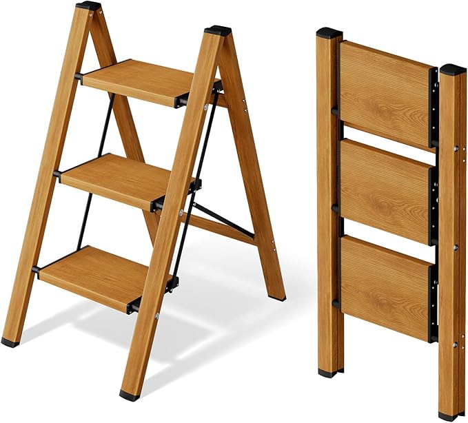 3 Step Ladder, Aluminum Folding Step Stool for Adults, Step Ladder with Wide Anti-Slip Pedal, 330 lbs Capacity for Home, Office, Kitchen, Library (Woodgrain)