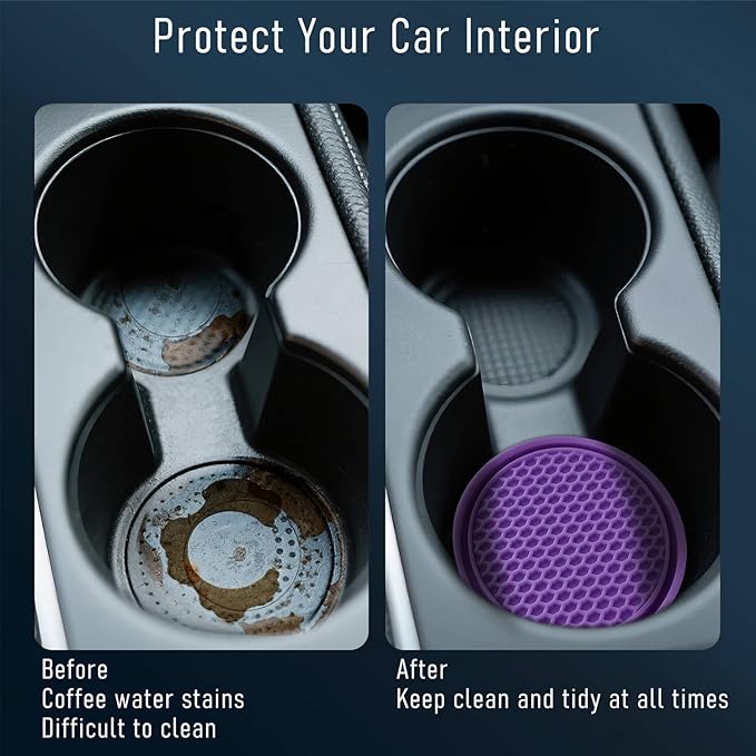 Car Cup Holder Coaster 4 Pack - Non Slip & Shockproof,Flexible PVC Rubber Insert for Car/Truck/SUV/Van (2.75"x0.2") Universal Fit Auto Cup Holders Accessories for Women and Man (Purple)