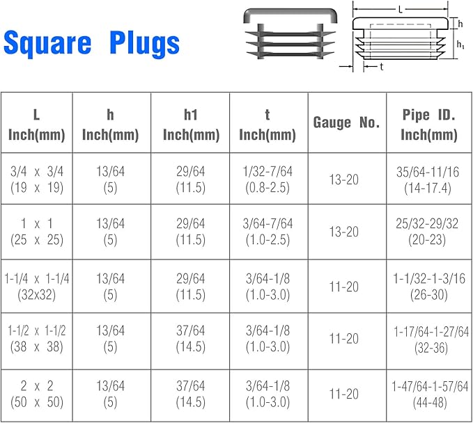 1 Inch Square Plastic Plugs, Pipe OD 1" x 1", Steel Chair Leg End Caps, Bar Stool Glides, Fence Plugs, Furniture or Fitness Equipment End Caps (12 Packs)