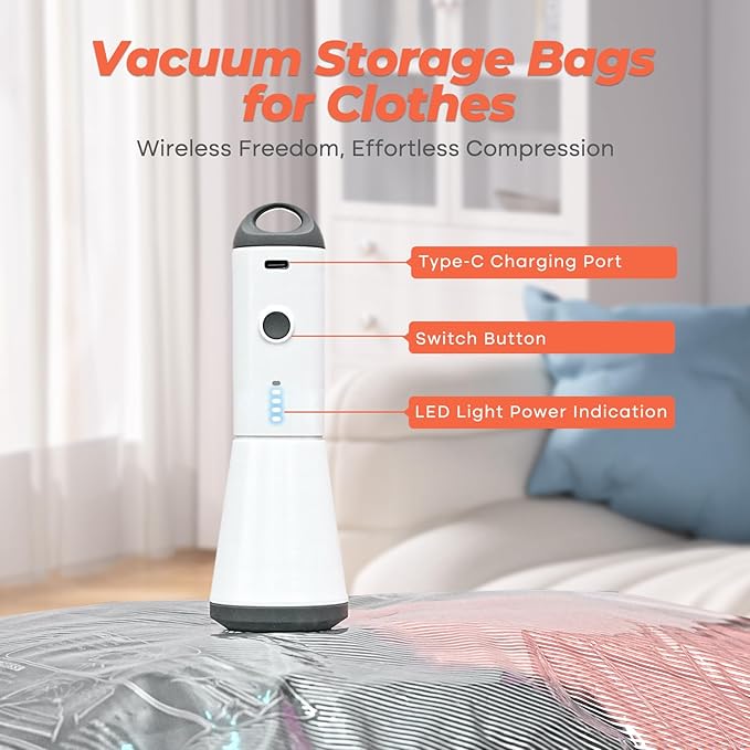 Vacbird Travel Vacuum Seal Bags, 8 Pack 34" Vacuum Storage Bags with Rechargeable Cordless Pump, Compression Packing for Clothing, Clothes, Blanket, Bedding, Space Saver for Suitcase, Luggage