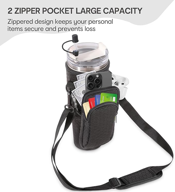 &And Per Se Water Bottle Shoulder Bag with Phone Pocket, Compatible with Stanley 30oz Tumblers - Neoprene Carrier with Adjustable Strap & Charm Accessory (Black)