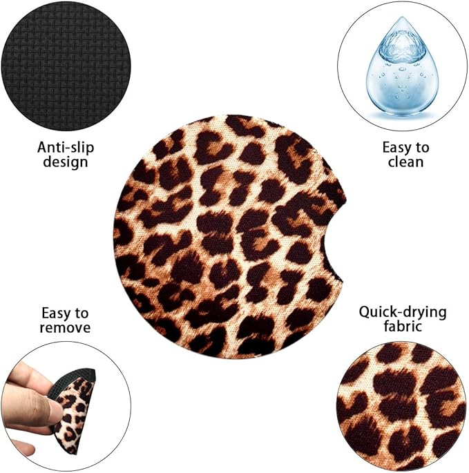 2 Pack Car Coasters for Drinks - 2.75 Inch Cute Cup Holder Coasters for Women, Removable Absorbent Coaster, Interior Accessories for Women & Girls (Yellow Leopard)