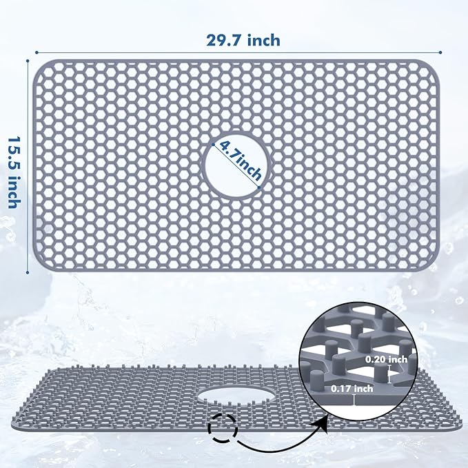 Silicone Sink Protectors for Kitchen Sink with Center Drain - 29.7"x 15.5" Kitchen Protector Accessory, Non-Slip Heat Resistant Mat for Bottom of Farmhouse Stainless Steel Porcelain (Gray)