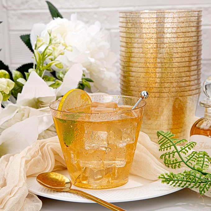 Hioasis 100Pcs 9OZ Gold Glitter Plastic Cups - Gold Plastic Cups, Heavy Duty & BPA-free for Party, Wedding, Celebrations