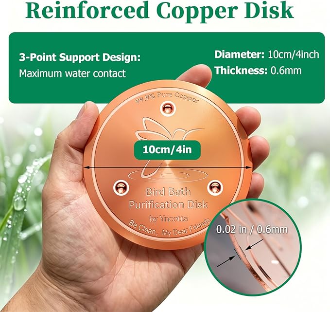 Bird Bath Copper Disk, 0.6mm Reinforced 99.99% Pure Copper Cleaning Disc Plate for Physical Safe Water Purification All-Season for Outdoor Wildlife Bird Bowls Birdbaths Solar