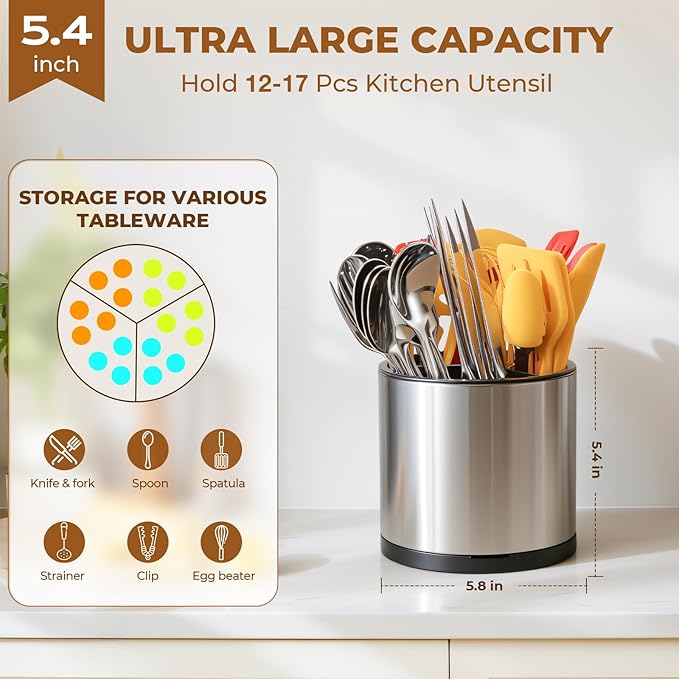 360° Rotating Kitchen Silverware Caddy, Stainless Steel Utensil Holder for party Counter with 3 Compartments, Cooking Flatware Organizer Spoon Spatula Tool Cutlery Container (Silvery, Medium)