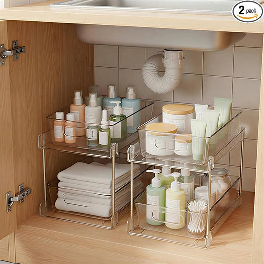2 Pack Bathroom Organizers and Storage, 2-Tier Clear Under Sink Organizer, Vanity Countertop Organizer, Medicine Cabinet Organizer, Pull-Out Cabinet Organizer with Track For Bathroom, Kitchen, Pantry