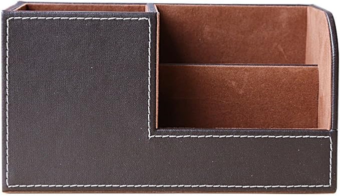 KINGFOM Desk Organizer Office Supplies Caddy Pu Leather Multi-function Storage Box Pen/Pencil,Cell phone, Business Name Cards Remote Control Holder Brown