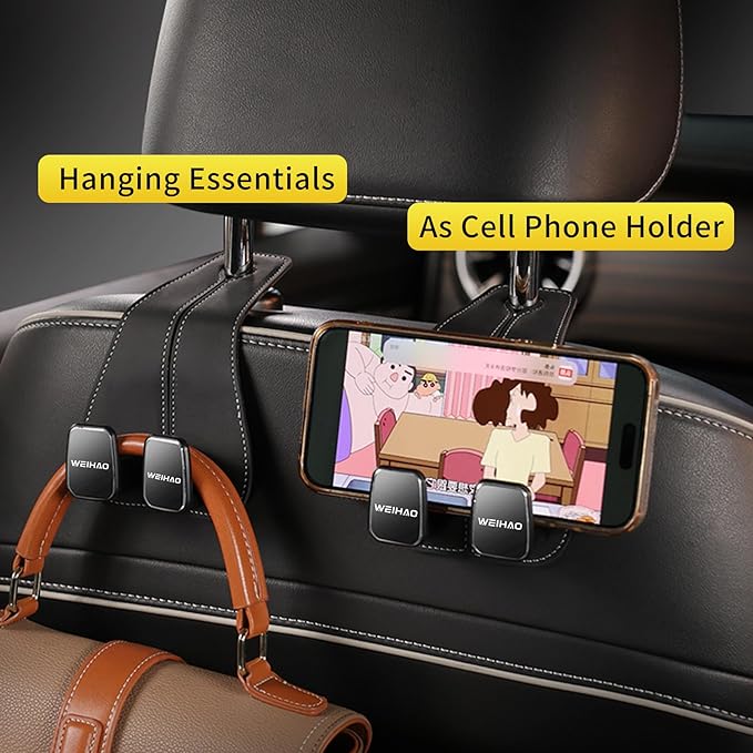 WEIHAO Wide Purse Hook for Car, Twin Hook Leather Car Headrest Hangers, Car Seat Back Storage Hook, Headrest Hooks Purse Bag Holder for Car Universal Fit Sedan Trucks SUVs Most Vehicles (Black-1PC)