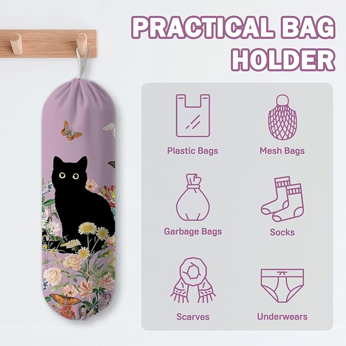 Plastic Bag Holder, Grocery Bag Organizer Storage, Kitchen Dispenser Holders Reusable Shopping with Free Adjustment Drawstring Closure for Home Kitchen Decor, Flower Cat