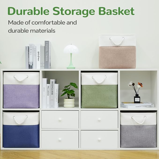 VQRTEXA 13 x 13 Inch Cube Storage Bins, 6 Pack Fabric Storage Basket with Handles, Foldable Boxes Organizer for Shelf Baskets for Home, Clothes (White/Green)