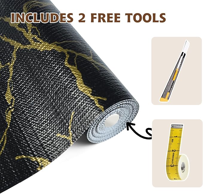 2-Layer Drawer and Shelf Liner for Kitchen Cabinet: 12in X 20Ft Non Slip Waterproof Shelf Paper Non Adhesive Refrigerator Liners Black/Gold Marble Easy Liners for Bathroom with Knife Tape Measure