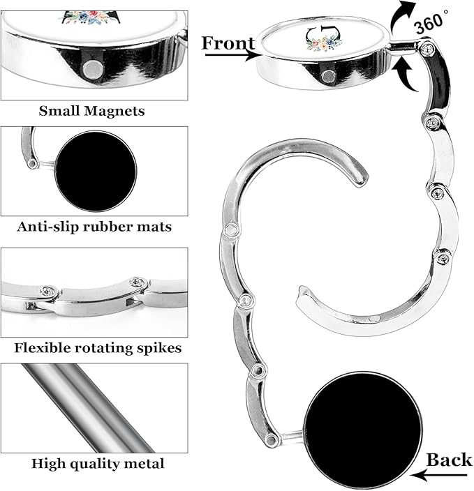 XSUIOY 3Pcs Personalized Initial Foldable Purse Hook for Table,Crushed Flower Letters Folding Purse Hanger,Purse Holder Handbag Hanger Collection Desk Table Bag Hooks Gifts for Women Bag(Black-G)