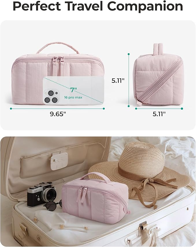 BAGSMART Travel Makeup Bag for Women, Portable Water-resistant Cosmetic Case, Puffy Padded Make Up Organizer Pouch, Open Flat Toiletry Bag for Toiletries, Brushes, Leopard