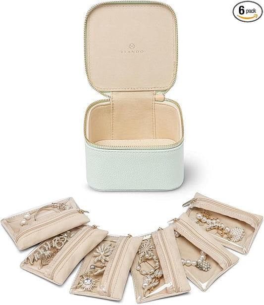 Vlando Jewelry Box with 6 Velvet Jewelry Bags Travel Jewelry Case for Women Girl Premium Petal Hardware Jewelry Organizer Necklace Rings Earrings Bags Bride Teacher Mom Gifts-Mint Green