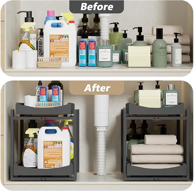 Wisuce Essentials Bamboo Under Sink Organizer Adjustable Height 2-Tier Bathroom Organizer Pull-Out Cabinet Storage Kitchen Heavy Duty Wood Slide Out Shelf for Kitchen Bathroom (Black, 2 Packs)