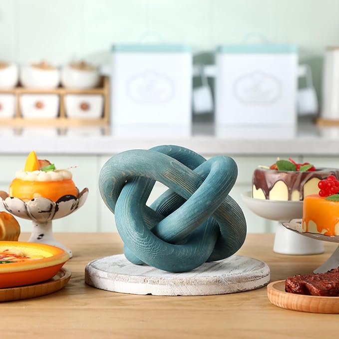 3 Link Wood Knot Decor - Hand Carved Coffee Table Decoration, Boho Chain Link Decor, Modern Shelf, Rustic Objects for Home Living Room Bedroom(Blue)