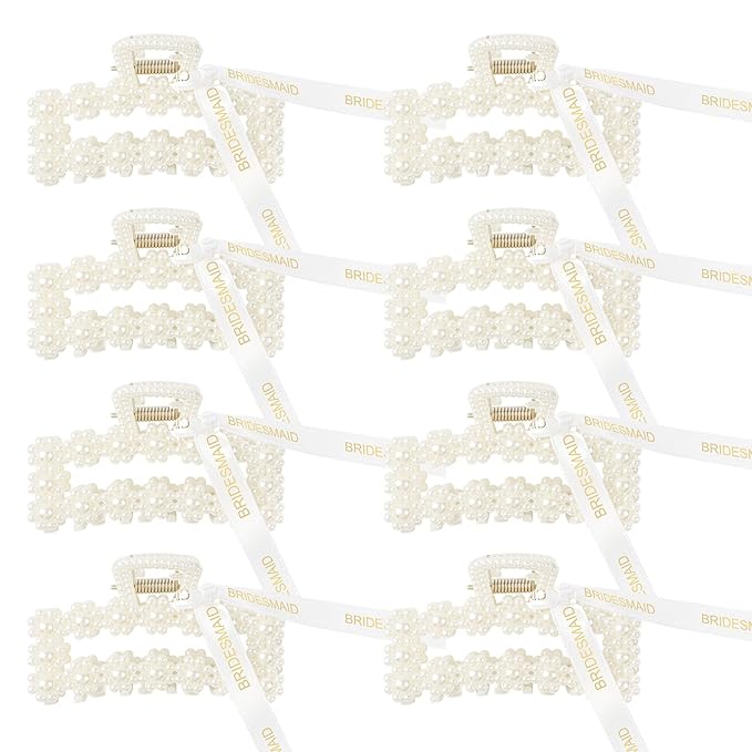 8 PCS Pearl Bridesmaid Gifts Rectangle Hair Claw Clips with Ribbon 3 Inch Hair Hccessories for Wedding Bachelorette Party Favors