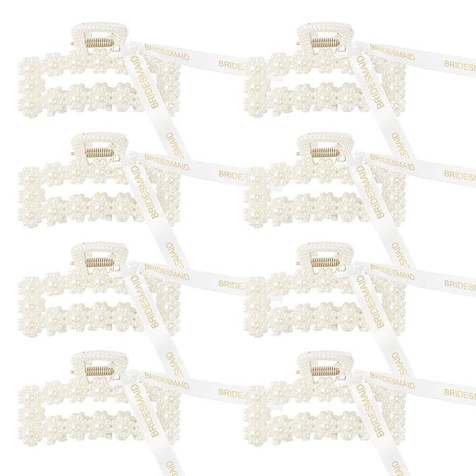 8 PCS Pearl Bridesmaid Gifts Rectangle Hair Claw Clips with Ribbon 3 Inch Hair Hccessories for Wedding Bachelorette Party Favors