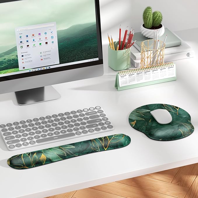 KTRIO Ergonomic Keyboard Wrist Rest and Mouse Pad with Wrist Rest Set, Memory Foam Wrist Support for Typing, Gaming, Office and Home Use, Green Leaves