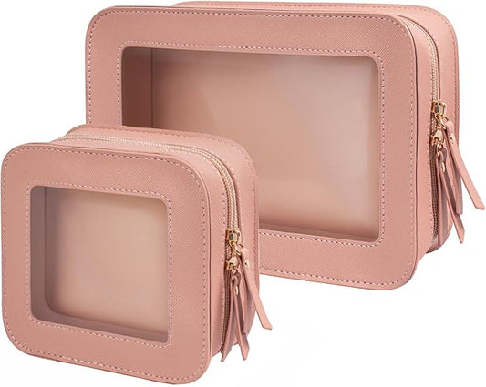 2 Pcs Travel Clear Makeup Bag Set, Clear Makeup Organizer with Zipper Leather Travel Bags for Toiletries Small Cosmetic Bags for Women Mini Make up Pouch Toiletry Bags Car Essentials