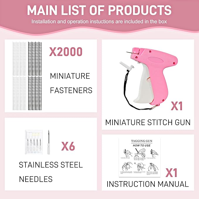 Stitch Gun for Clothes， Handheld Stitch Gun Quick Clothing Fixer，Sewing Kit Includes 1,000 Black Fasteners & 1,000 White Fasteners & 6 Needles (Pink-White)