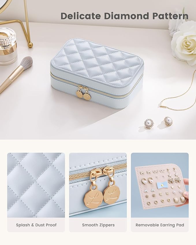 Lolalet Travel Jewelry Case for Women Girls, Travel Jewelry Organizer with Clear Storage Bag Small Portable Jewelry Box for Necklace Bracelet Earring Ring Valentine's Bridesmaid Gifts -Medium/Blue