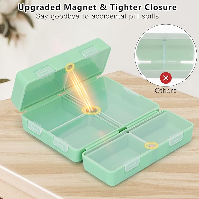FYY Daily Pill Organizer, 7 Compartments Portable Pill Case Travel Pill Organizer,[Folding Design] Pill Box for Purse Pocket to Hold Vitamins,Cod Liver Oil,Supplements and Medication-Green