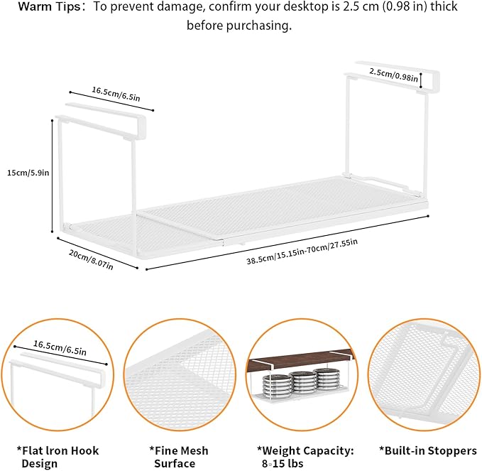2 Pack Expandable Under Cabinet Shelf, Under Shelf Storage with 0.94 Inches Thick Clips for Kitchen Cupboard, Metal Hanging Under Desk Basket for Laundry Room, Shoe Rack