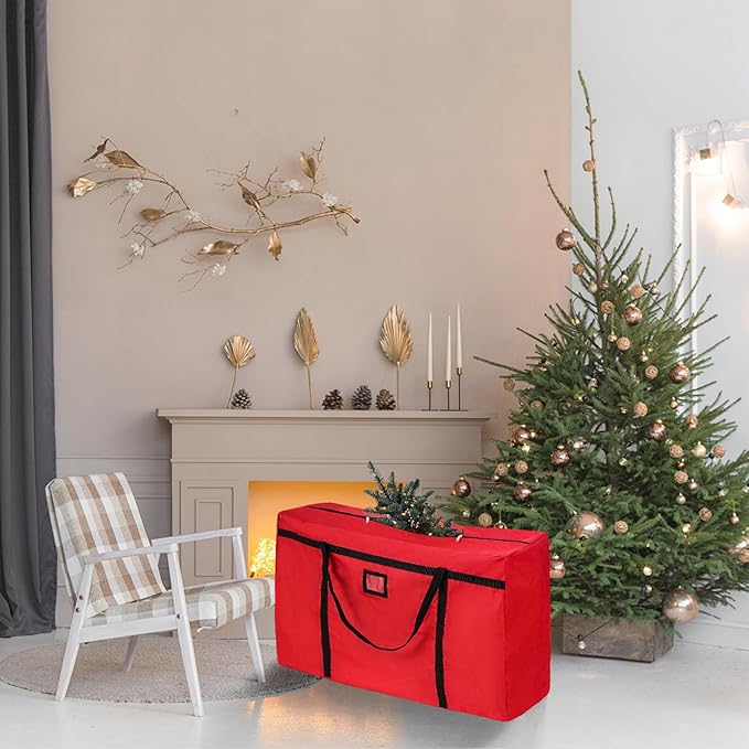 Christmas Tree Storage Bag, Fits Up 4 Ft / 5 Ft Tall Artificial Trees-Heavy Duty Holiday Storage Box with Durable Reinforced Handles & Zipper & Pocket- 600D Oxford Tree Storage Container, Red