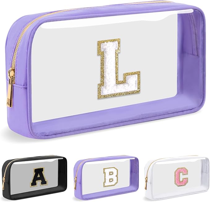Personalized Initial Letter Clear Makeup Bag, Preppy Small Nylon & PVC Cosmetic Zipper Bag with Chenille Letter, Travel Skincare Toiletry Bag, Monogram Christmas Gift for Teen Girls Women, L