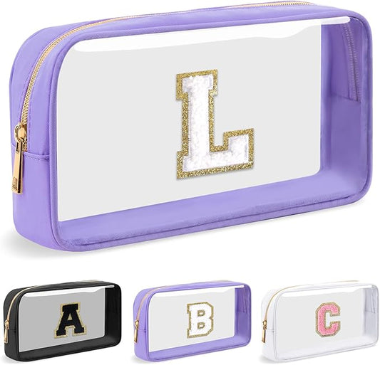 Personalized Initial Letter Clear Makeup Bag, Preppy Small Nylon & PVC Cosmetic Zipper Bag with Chenille Letter, Travel Skincare Toiletry Bag, Monogram Christmas Gift for Teen Girls Women, L