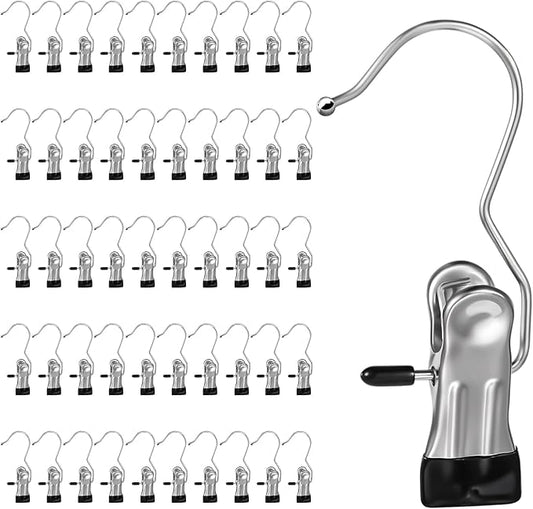 50 Pack Boot Hanger Clips Hooks, Heavy Duty Laundry Hooks with Clips, Portable Stainless Steel Clothes Pins Boot Clips for Hanging, Socks Towels Hats Pants Holder for Travel, Closet