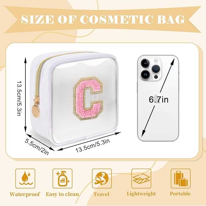 Personalized Initial Letter Clear Preppy Makeup Bag,Mini Nylon Chenille Letter Cosmetic Bag Cute Zipper Pouch Purse for Teen Girls,Portable TSA Approved Beach Travel Essentials Bag Gift for Women,C