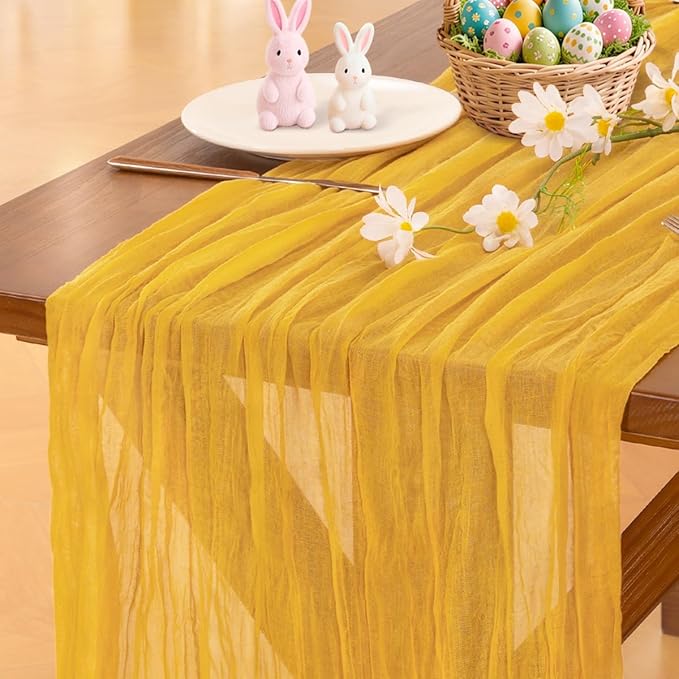 Socomi Gold Yellow Cheesecloth Table Runner Summer Boho Rustic Gauze 120 inch 10FT Cheese Cloth Sheer Runner for Wedding Party Baby Shower Birthday Home Decor Holiday Decorations