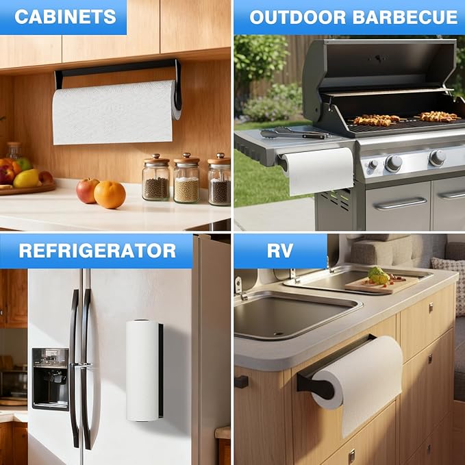 Paper Towel Holder Under Cabinet, Adhesive or Screw Mount, Fits Standard & Mega Rolls, Wall Mount Rack for Kitchen, Bathroom, RV, Black