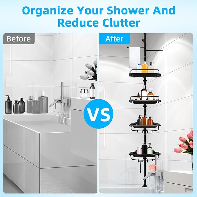 XLHOMO 32-122inch Corner Shower Caddy Tension Pole with Shower Curtain, Rustproof Drill-Free Adjustable Shower Shelves for Bathroom Bathtub Washbasin, with 4 Tier Patent Stable Shelves & Towel Bars
