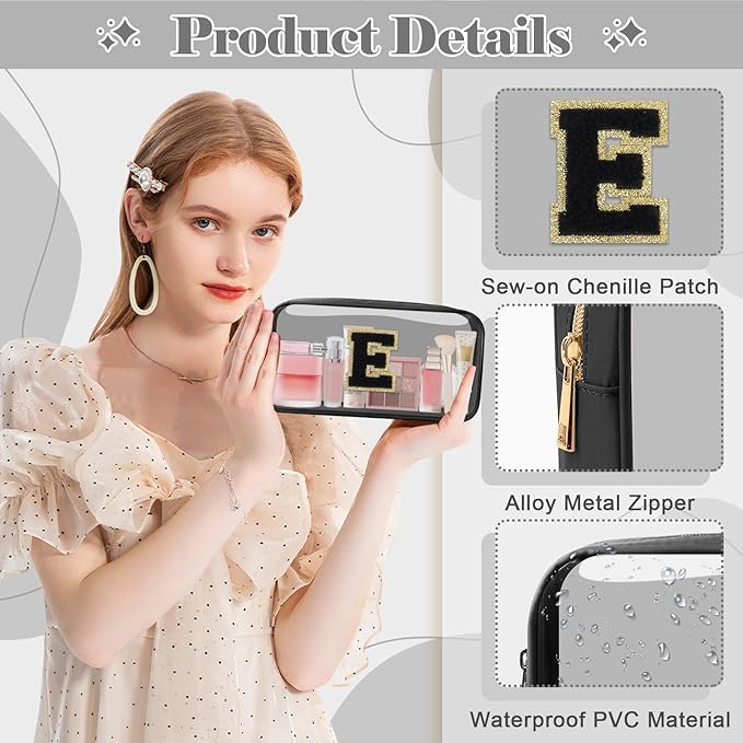 Personalized Initial Letter Clear Makeup Bag, Preppy Small Nylon&PVC Cosmetic Zipper Bag with Chenille Letter, Travel Skincare Toiletry Bag, Monogram Christmas Gift for Teen Girls Women, E