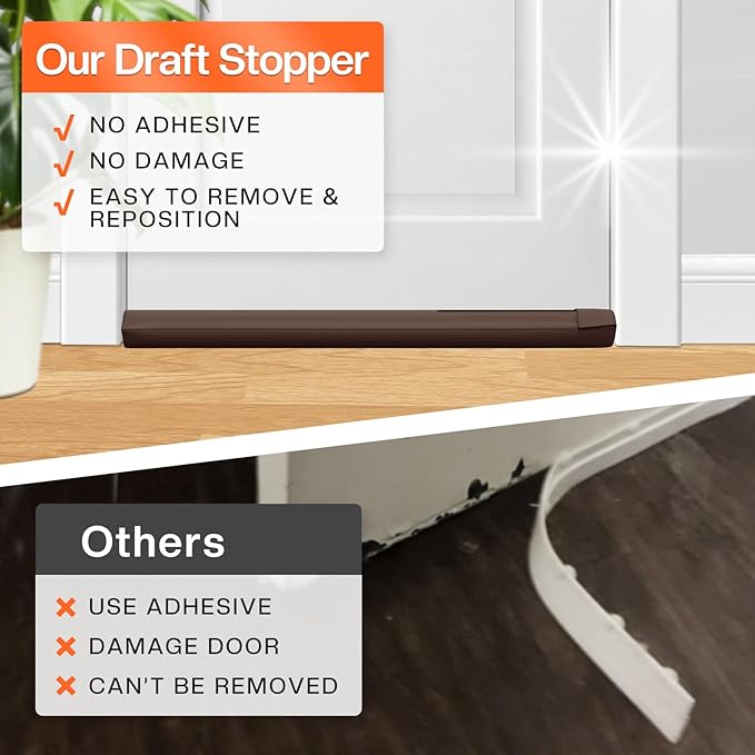 Comfyanno Under Door Draft Stopper - Bottom Door Gap Filler & Seal - Fits 24” to 30” Door, Block Cold Air, Noise, Sound, Wind, Bugs, Easy to Install, Double Side Block, No Adhesive, Brown