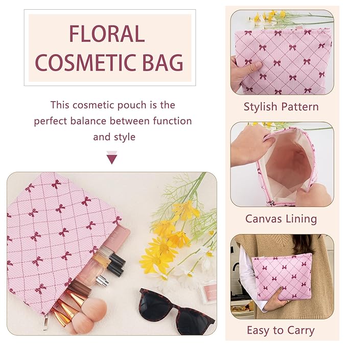 ZLFSRQ Corduroy Makeup Bag for Women Preppy Large Capacity Cosmetic Bags Travel Toiletry Organizer Pouch for Purse Zipper Makeup Brushes Storage Tote Bag Cute Y2K Aesthetic Essential Bags（Pink Bow）