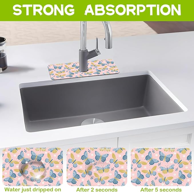Kitchen Sink Splash Guard Faucet Mat Super Absorbent Fast Drying Mat Guard Behind Faucet Drip Catcher for Kitchen Bathroom (Butterflies and Chamomile, 23.5"X5.5")