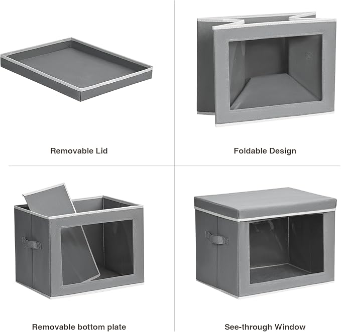 Large Storage Bins with Lids - Fabric Storage Cubes with Window, Collapsible Bins for Clothes, 15.7 Inch Large Baskets for Bedroom, Dorm, Office, Grey, 6 Pack