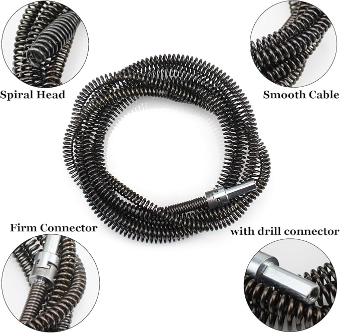 6.5Ft Drill Drain Snake, Carbon Steel, 10mm, Black, Drain Auger Cable, 1 Pack