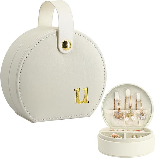 COLLECTIVE HOME - Travel Jewelry Case, Elegant Half-Moon Design with Gold Monogram, Detachable Handle, Personalized Accessory Organizer, Gift for Fashion-Forward Women and Teens (u)