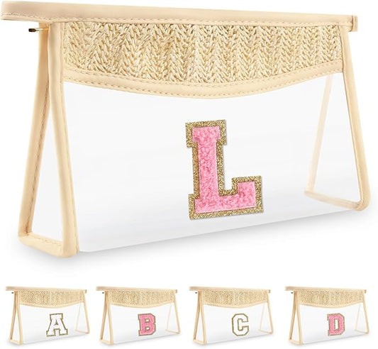 Small Boho Straw Initial Letter Makeup Bag Personalized Gift ,Cute Clear Chenille Patch Makeup Bag With Zipper,Trendy TSA Approved Travel Toiletry Bag,Gift for Women Girls Birthday Friend, Letter L