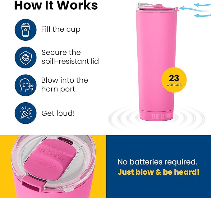The LoudCup Blow Horn Tumbler, Cheer & Sip 2-in-1 Reusable Water Bottle with Built-In Horn for Sports Games, Tailgates, Parties & Events, BPA-Free
