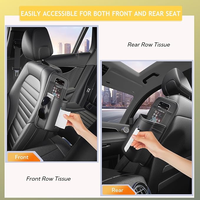 Tumecos Car Storage Organizer for Front and Back Seat,Rectangle Car Tissue Box Holder,Side Mount Hanging Bags with 3 Mesh Pockets,Waterproof Consoles Organizers,Napkin Cover