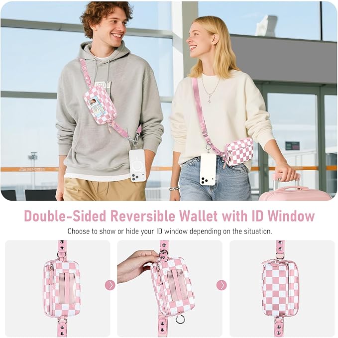 Clip and Go Strap for Phone with Wallet Crossbody Phone Lanyard and Detachable Checkered Bag with ID Window and RFID Pouch for Daily Travel.