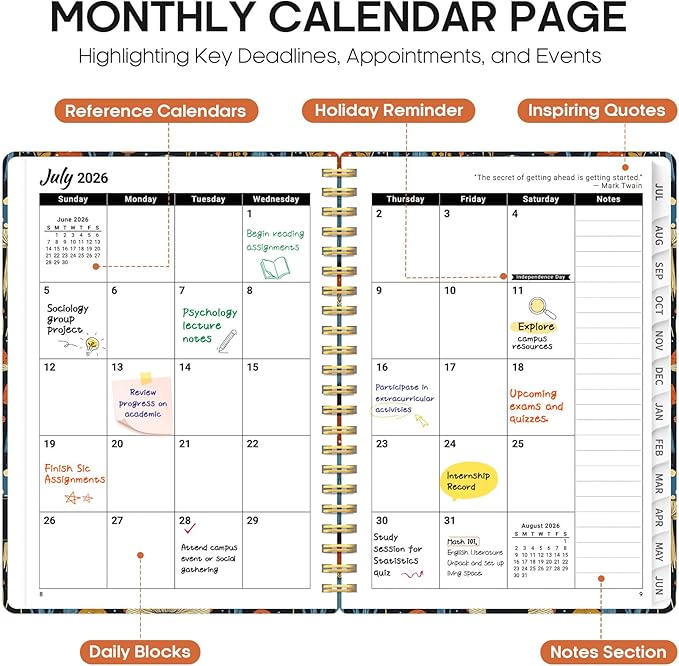 Planner 2026-2027, Academic Year Monthly and Weekly Calendar Planner, Jul 2026 - Jun 2027, Hardcover Teacher Student Planning Agenda book with Tabs, Perfect for School Office Supplies, 6.3" x 8.5" - Enchanted Mushrooms